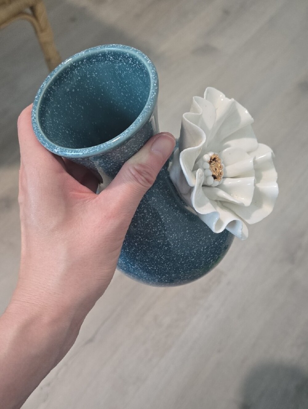 Anthropologie Speckled Teal Ceramic Vase with White Floral Accent - Picture 2 of 3